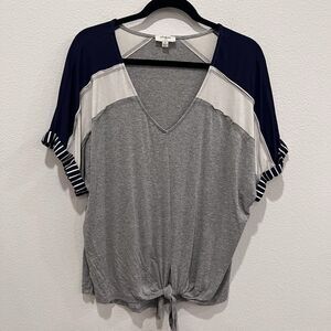 Umgee Mixed Media Cap Short Sleeve Blouse Top Small Casual Travel Neutral